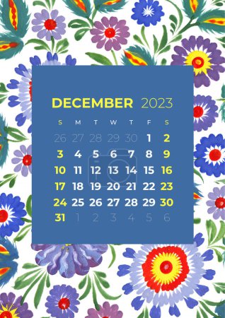 Téléchargez les photos : 2023 année mensuel Décembre calendrier illustration de fleurs et feuilles, fleur, fond floral petrykivka art ethnique populaire décoratif - en image libre de droit
