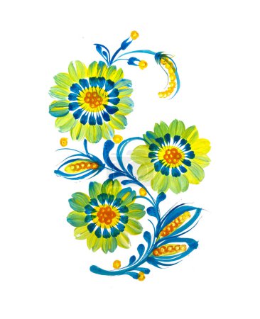 Handgezeichnete Blumenmalerei isoliert auf Weiß. Ukrainische Volkskunst, traditionelle dekorative Malerei Petrykivka. Perfekter Druck für Karten, Dekor.