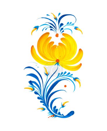Hand-drawn floral painting isolated on white. Ukrainian folk art, traditional decorative painting style Petrykivka. Perfect print for cards, decor.