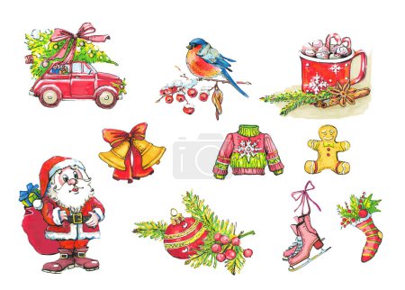 Téléchargez les photos : Images dessinées à l'aquarelle pour concevoir tout événement de Noël. Inclus dans le pack sont une sélection de Père Noël, pull, cloche de Noël et quelques articles à thème - en image libre de droit