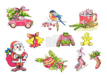 Watercolor drawn images to design any christmas event. Included in the pack are a selection of  Santa claus, sweater, christams bell and some themed items