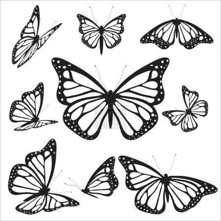 Téléchargez les illustrations : Silhouette de papillons noirs isolés sur un blanc - en licence libre de droit