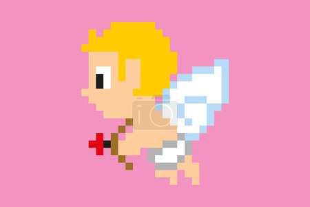 Ilustración de Cute tiny flying cupid icon with wings, arc and arrow in pink background pixel art 8 bits stylet, ideal for valentines day advertising, love posters, social media dynamics, valentines festivities - Imagen libre de derechos