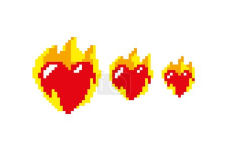Ilustración de Tres tamaños diferentes corazón en el fuego o fuego corazón grande mediano pequeño pixel arte 8 bits diseño de estilo - Imagen libre de derechos