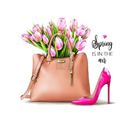 Mode set mit rosa schuh, weibentasche und tulpen. Frühling ist da. Modeillustration.