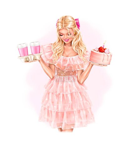 Birthday girl in dress holding birthday cake and coffee cups. Beautiful blond hair girl. Fashion illustration.
