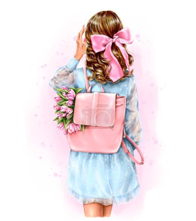 Hermosa chica de moda pelo morena con mochila y flores. Ilustración moda