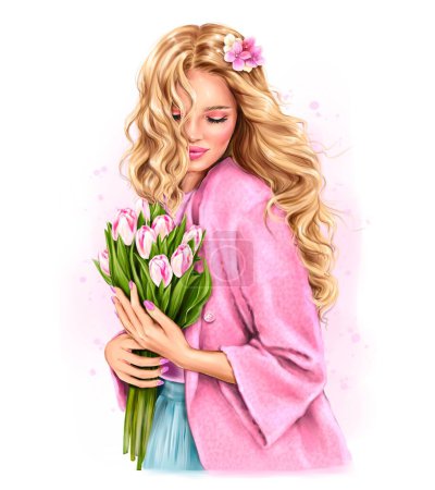 Téléchargez les photos : Belle jeune femme aux cheveux blonds tenant des tulipes. Une fille de mode. Illustration de mode - en image libre de droit
