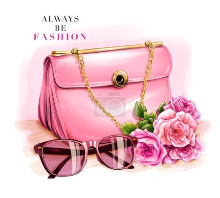 Magnifique ensemble de mode avec sac rose, lunettes de soleil et fleurs.
