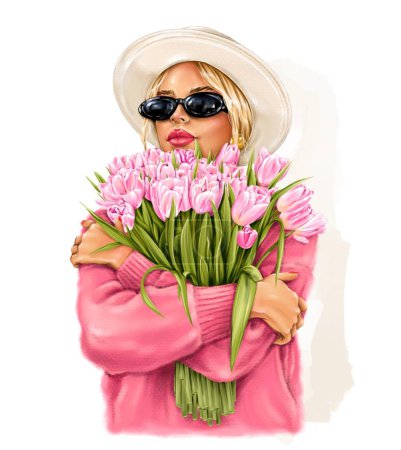 Téléchargez les photos : Belle femme aux cheveux blonds de mode en chapeau tenant des tulipes roses. Jolie fille en lunettes de soleil tenant des fleurs. Illustration de mode - en image libre de droit