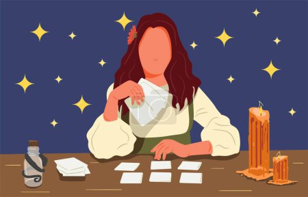Illustration for Beauty fortune teller girl. Gypsy oracle. Guessing by tarot cards. Mystic lady. Hand drawn vector - Royalty Free Image
