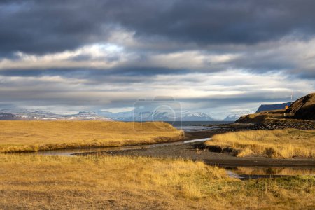 Ruhiges Wasser des Flusses, das den bewölkten Himmel mit einem Hauch von Sonnenlicht reflektiert. Gelbes trockenes Herbstgras liegt herum. Punkt, bevor der Fluss in den Ozean fließt. Westfjord, Island.