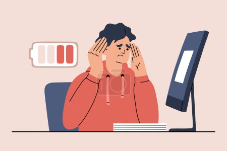 Exhausted tired worker at a computer with low energy needs rest. Man has frustration and stress. Burnout and overworked. Hand drawn vector illustration isolated on color background, flat cartoon style