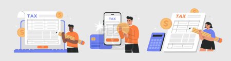 Tax payment concept, vector illustration set. Filling tax form online, paperwork, analysis and calculation tax return. Hand drawn vector illustration isolated on background, flat cartoon style.