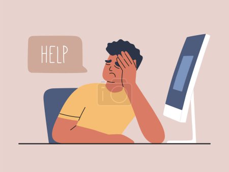 Illustration for Exhausted tired man at computer overworked and request help. Stress and burnout at work. Hand drawn vector illustration isolated on color background, modern flat cartoon style. - Royalty Free Image
