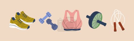 Illustration for Fitness inventory and accessories. Snickers, sportswear, dumbbells, ab roller, jump rope. Healthy lifestyle. Hand drawn vector illustration isolated on background. Modern flat style. - Royalty Free Image