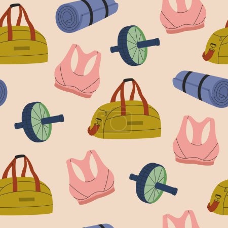 Illustration for Seamless pattern of fitness inventory and accessories. Sport bag, sportswear, ab roller, yoga mat. Healthy lifestyle. Hand drawn vector illustration isolated on colored background. Modern flat style. - Royalty Free Image