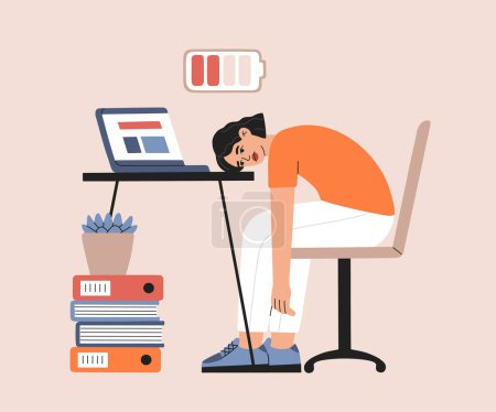 Schläfrige Frau mit wenig Energie sitzt mit Laptop am Tisch, ist überarbeitet und braucht Ruhe. Erschöpfter Burnout-Büroangestellter. Handgezeichnete Vektorillustration isoliert auf farbigem Hintergrund, flacher Cartoon-Stil.