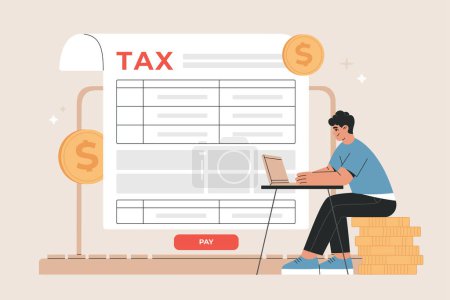 Businessman filling tax form using internet. Online tax submitting system. Electronic payment of Invoice, digital receipt. Hand drawn vector illustration isolated on background, flat cartoon style.