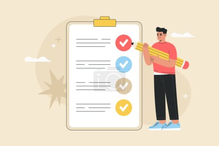 Foto de Man holding a big pencil and making notes on a checklist fixed to clipboard. Successful completion of business tasks. Hand drawn vector illustration isolated on light background in flat cartoon style. - Imagen libre de derechos