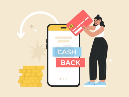 Illustration for Girl receives cashback from payment. Online banking, money saving. Girl with credit card, smartphone screen, arrow, dollar coins. Vector illustration isolated on yellow background, flat cartoon style. - Royalty Free Image