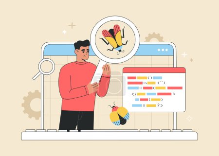 Illustration for Software API prototyping and testing concept. Application development, coding and bugs searching. Hand drawn color vector illustration isolated on light background, modern flat cartoon style. - Royalty Free Image