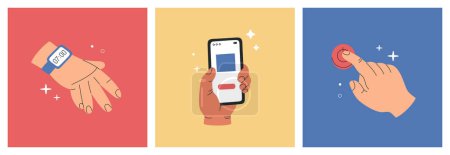 Téléchargez les illustrations : Set of human hands with objects. Arms holds mobile phone, a wrist watch and a finger pressing on button. Hand drawn vector illustration isolated on colorful background. Modern flat cartoon style. - en licence libre de droit