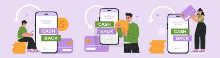 Ilustración de Set of young peoples receives cashback from online payment. Concept of Internet transaction, refund and saving money. Hand drawn vector illustration isolated on purple background, flat cartoon style. - Imagen libre de derechos