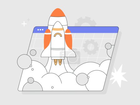 Téléchargez les illustrations : Space rocket launch. Successful business start up, launching new project. Creative, innovative idea. Hand drawn vector illustration isolated on light background, modern flat cartoon style. - en licence libre de droit