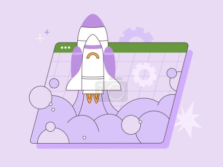 Illustration for Space rocket launch. Successful business start up, launching new project. Creative, innovative idea. Hand drawn vector illustration isolated on purple background, flat cartoon style. - Royalty Free Image