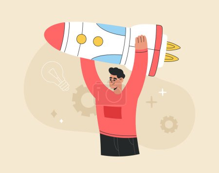 Man holding spaceship. Startup concept. New business launching. Project promotion, management and marketing. Business development. Vector illustration isolated on light background, flat cartoon style.