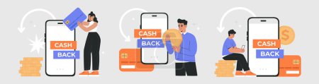 Illustration for Set of young peoples receives cashback from online payment. Concept of Internet transaction, money saving. Hand drawn vector illustration isolated on light background, flat cartoon style. - Royalty Free Image