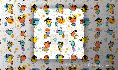 Photo for Illustration simple drawing, doodle art kid style. Abstract graphic design, seamless vector pattern with colorful and cute cartoon portrait for print, card, cover, banner, textile, background. - Royalty Free Image