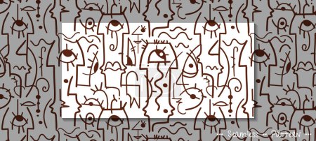 Vektor-Illustration nahtloses Muster, Handzeichnung abstraktes Gesicht, Auge, geometrische Form, schwarz-weiße Zeichenlinie, inspiriert von Joan Miro. Moderne Kunst Grafikdesign für Mode, Textil, Hintergrund
