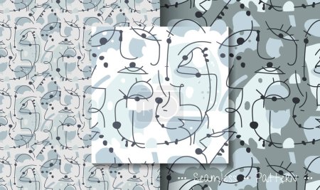 Vektor-Illustration nahtloses Muster, Handzeichnung abstraktes Gesicht, Auge, geometrische Form, schwarz-weiße Zeichenlinie, inspiriert von Joan Miro. Moderne Kunst Grafikdesign für Mode, Textil, Hintergrund