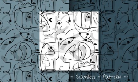 Illustration vectorielle motif sans couture, Dessin à la main visage abstrait, oeil, forme géométrique, ligne de dessin noir et blanc, inspiré de Joan Miro. Art moderne graphisme pour la mode, textile, fond