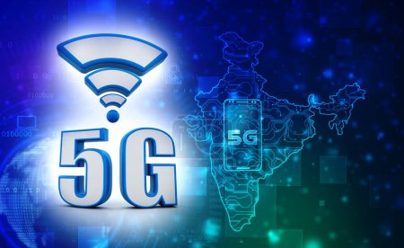 Foto de 5G Network Internet Mobile Wireless Concepto de negocio, tecnología móvil 5G en la India, fondo abstracto de la tecnología de red 5G, mapa indio con tecnología 5G de alta velocidad. ilustración 3d - Imagen libre de derechos
