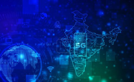Foto de Concepto de negocio inalámbrico móvil de Internet 5G Network, tecnología móvil 5G en la India, fondo de tecnología de red 5G abstracta, Mapa indio con tecnología 5G de alta velocidad - Imagen libre de derechos