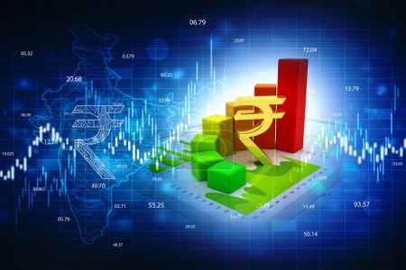 Wachstum des indischen Aktienmarktes, Börsendiagramm. Abstrakter Finanzhintergrund, Indien Finanzhintergrund, Indische Rupie mit Grafik auf blauem Finanzhintergrund. 3D-Darstellung