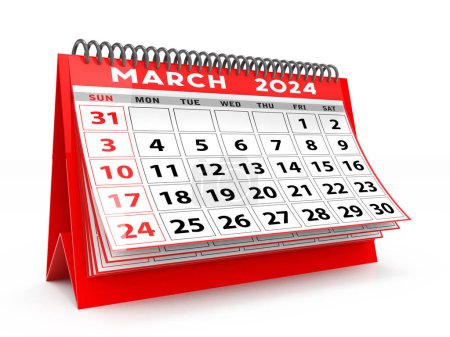 2024 Year March Calendar on a white background. March 2024 Spiral Calendar can be used for Stationary, flyer, banner background. 3d render