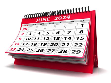 2024 Jahr Juni-Kalender auf weißem Hintergrund. Juni 2024 Spiralkalender kann für Stationäre, Flyer, Banner Hintergrund verwendet werden. 3D-Darstellung