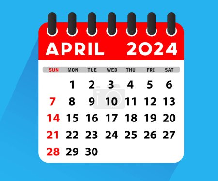 April 2024 Calendar Leaf. Calendar 2024 in flat style. April 2024 Calendar. Week starts on Sunday. Blank Calendar Template. Stationery Design. Vector Illustration