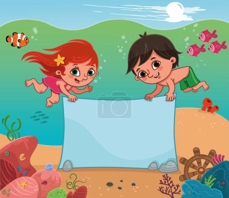 Ilustración de Los niños sostienen un cartel bajo el agua. Ilustración vectorial. - Imagen libre de derechos