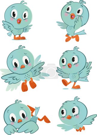 Character set of a little blue bird. Vector illustration.
