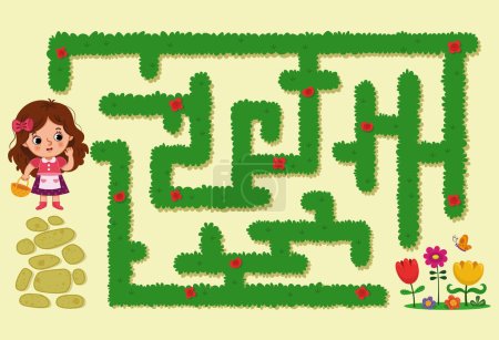 Zeichentrick-Mädchenfigur im Labyrinth. Labyrinth-Spiel für Kinder Vektor Illustration.