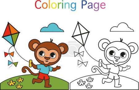 Ilustración de Lindo mono volando una página para colorear cometa para niños vector ilustración. - Imagen libre de derechos