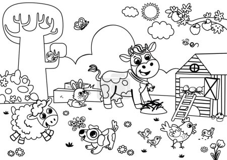 Happy farm animals enjoying Springtime. Black and white vector illustration for children.