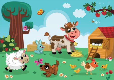 Happy farm animals enjoying Springtime. Vector illustration for children.
