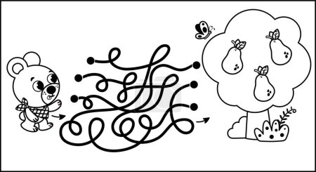 Illustration for Maze game with a baby bear character and a pear tree. Black and white vector illustration for children. - Royalty Free Image