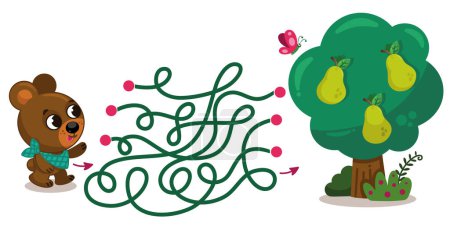 Illustration for Maze game with a baby bear character and a pear tree. Vector illustration for children. - Royalty Free Image